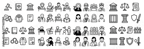 Legal justice icons set with diverse characters