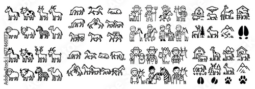 Farm animals and farmers icon collection