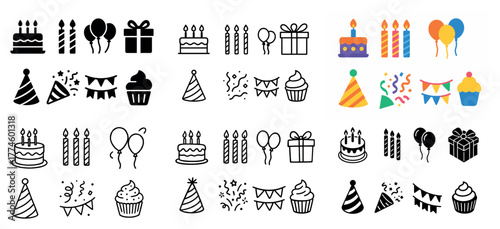 Colorful birthday icons set with cakes and balloons