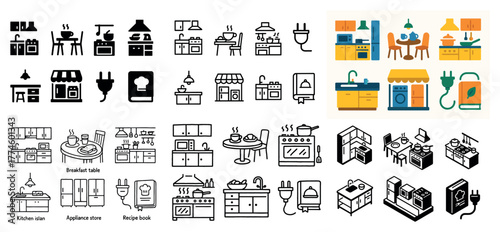 Kitchen and appliance icons in various styles