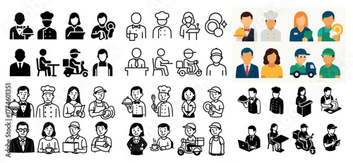 Diverse professions: chefs, waitstaff, delivery icons