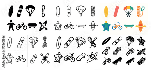 Outdoor sports icons set - surf, skate, parachute, bike