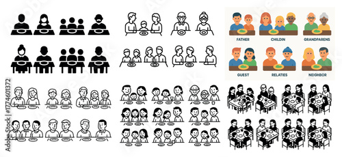 Family dining icons and illustrations collection