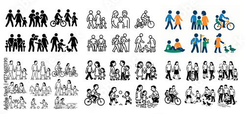 Diverse family activities in line and color art