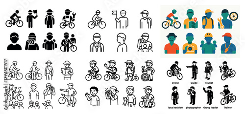 Icon set: cyclists, photographers, tourists, guides