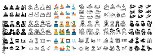 Nautical icons and figures in varied styles