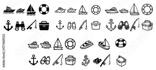 Nautical icon set: boats, anchors, lifebuoys