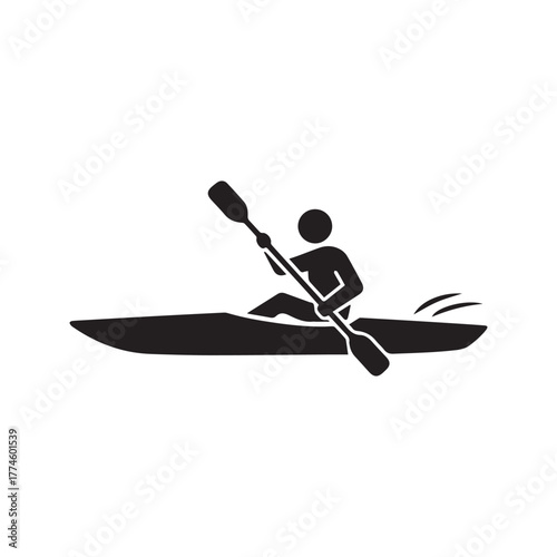 Kayaking icon, person paddling in a kayak with double-bladed oar, water sport symbol, canoe pictogram vector.
