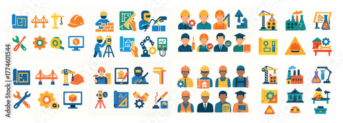 Construction icons and industrial workers illustrations