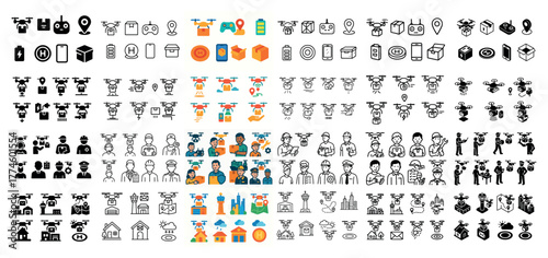 Diverse drone and delivery icon set