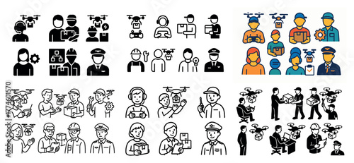 Drone delivery icons with diverse professions