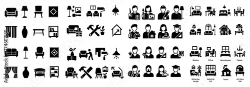 Diverse home and office icons in black and white