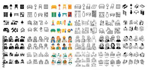 Diverse flat design and line style interior icons