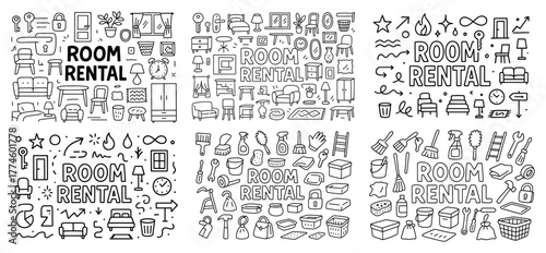 Room rental icons: furniture, cleaning, essentials