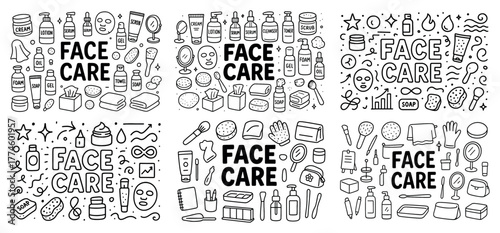 Face care products black and white doodle art