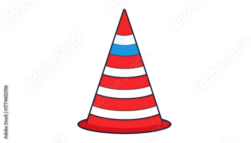 Isolated, cartoon-style image showing a red-and-white striped safety cone with a blue band, set on a white background