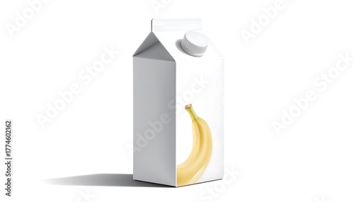 Isolated box carton with a realistic banana design on it and a white cap. Set against a bright white background. Shadow