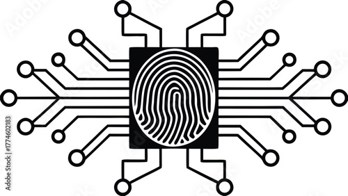 Vector illustration of a digital fingerprint scan on a circuit board motherboard design for technology security concept