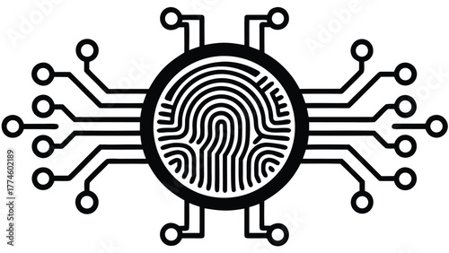 A hand drawn vector illustration of a circuit board with a fingerprint symbol forms a concept of a high-tech puzzle with an aim toward business