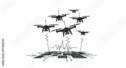 Swarm of drones communicating with a central network on a futuristic grid