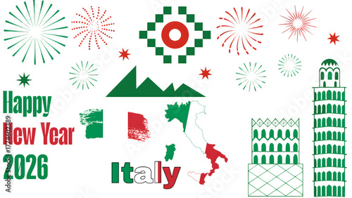 Happy new year in italy celebration with fireworks and italian landmarks in red and green colors