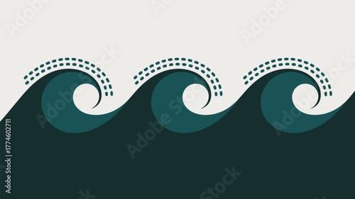 A stylized illustration of three teal waves with dotted lines on a light beige background surface