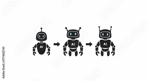 Evolution of AI robot from simple to advanced design, showcasing technological progress.