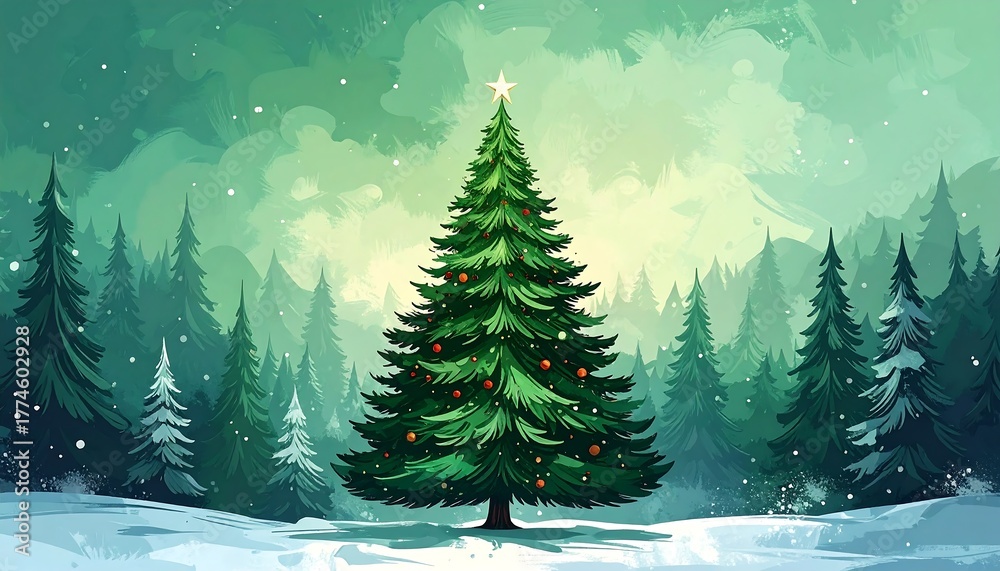 Fototapeta premium Lush, green Christmas tree, crowned with a star, stands in a serene, snowy forest bathed in soft, ethereal light