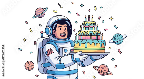 Cartoon astronaut in a white spacesuit holding a colorful birthday cake with planets and confetti around him on a white background.
