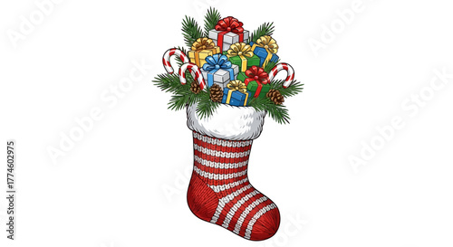 Festive Holiday Stocking Overflowing with Gifts and Treats on White Background