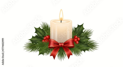 Elegant festive candle centerpiece with a glowing flame, surrounded by evergreen pine branches, vibrant red holly berries, and a decorative red ribbon bow, perfect for winter holiday celebrations