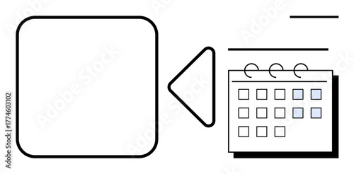 Calendar with marked dates paired with a play button suggests video scheduling. Ideal for planning, organization, time management, virtual meetings, webinars, reminders, collaboration. Simple flat
