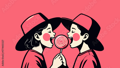Two children sharing a lollipop in a retro cartoon illustration