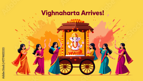 Lord ganesha arrives with dancing women in a colorful illustration