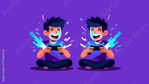 Two boys are playing video games with controllers and having a good time