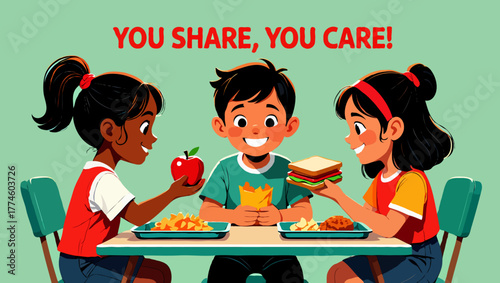 Children sharing their food with each other at the lunch table