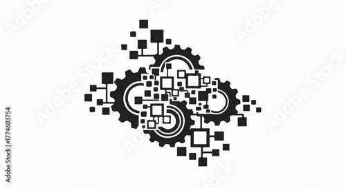 Abstract digital network connecting mechanical gears, symbolizing technology and innovation.
