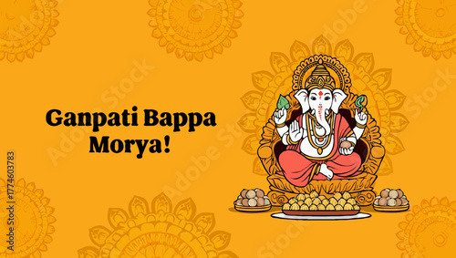 Illustration lord ganesha with text ganpati bappa morya on yellow background