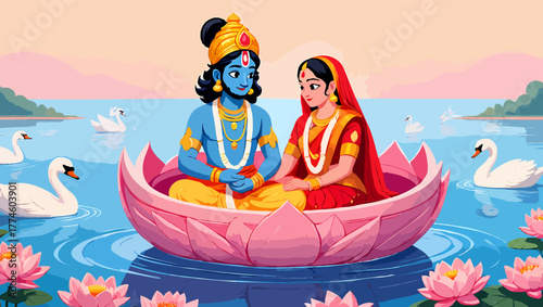 Lord krishna and radha are sitting in a lotus flower on a lake