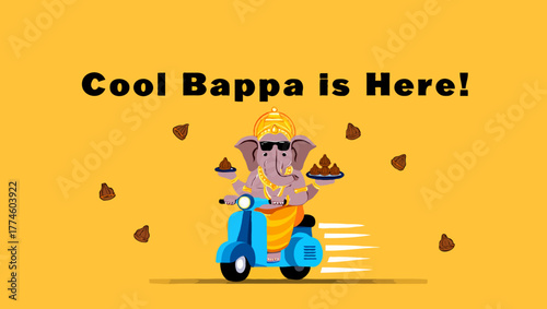 Cool bappa is here illustration with ganesha riding a scooter with sweets