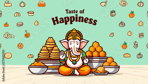 Taste happiness illustration with ganesha and indian sweets on background
