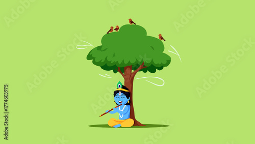 Lord krishna playing flute under a tree with birds on a light green background