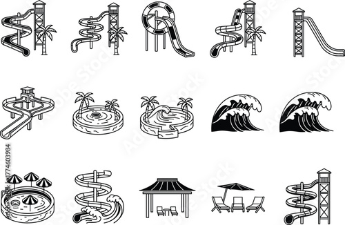 Water park slides vector illustration, summer vacation icon set, tropical pool resort design, wave pool elements, fun amusement aqua park, beach relaxation symbols, entertainment icons collection