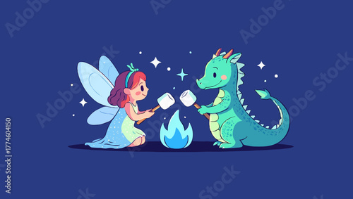 A fairy and a dragon roasting marshmallows over a campfire together