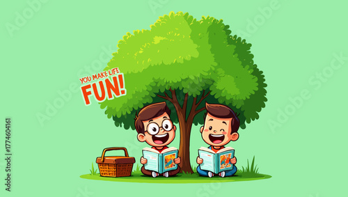 Two boys are reading books under a tree and having fun together