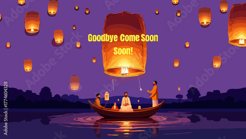 People in a boat with floating lanterns in the night sky illustration