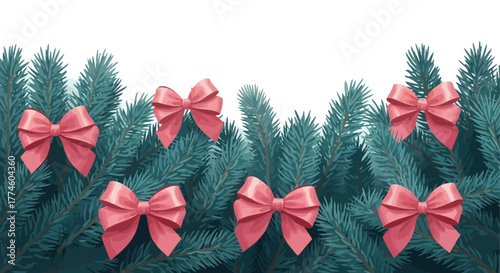 Festive Foliage A Colorful Christmas Tree Branch Border with Pink Bows