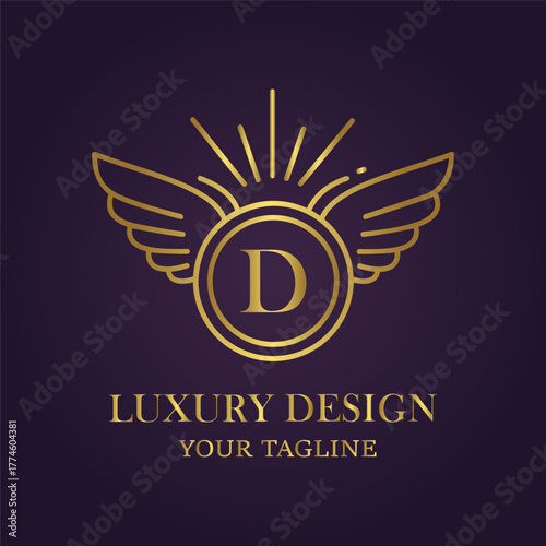 Elegant golden winged emblem with letter d, luxury design and tagline on dark purple background