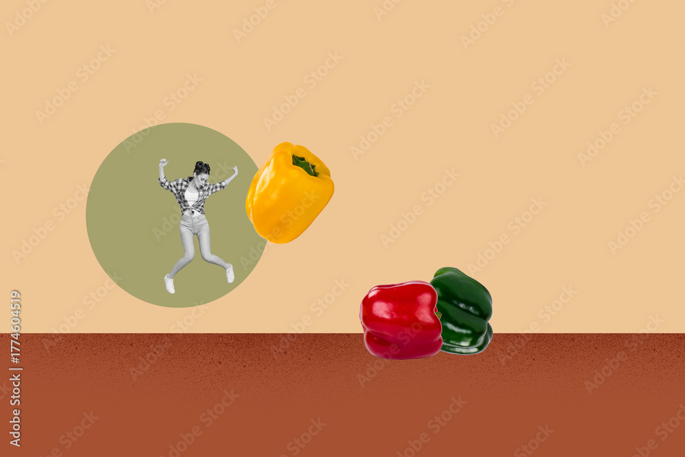 Naklejka premium Pop zine 3d image collage of happy girl guy stand red yellow green pepper bulgarian paprika plate detox nutrition dinner vitamin
