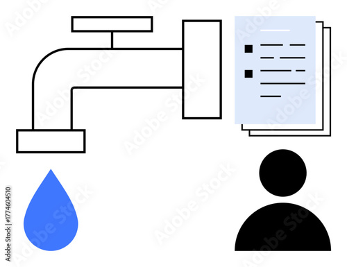 Water faucet releasing droplet near stacked documents and person silhouette, symbolizing resource flow, data management, or decision-making. Ideal for education, sustainability, resource utilization
